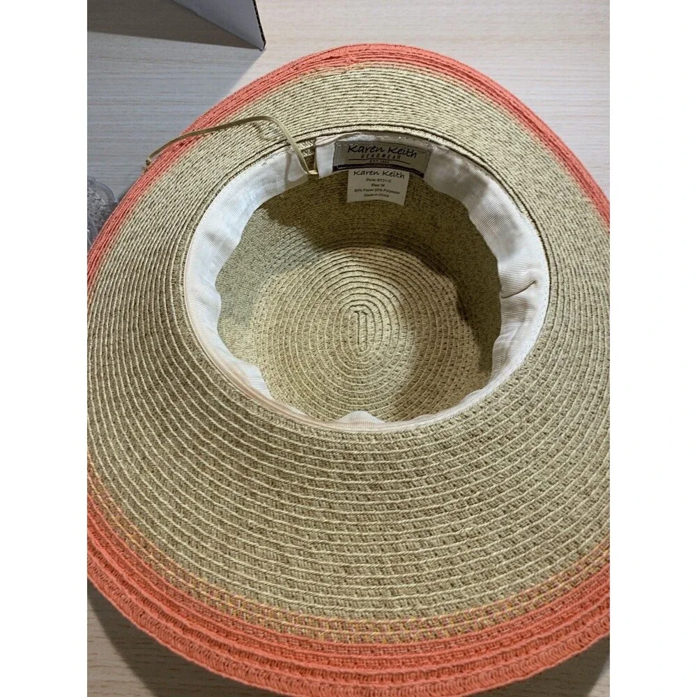 K.Keith Beige Straw Sun Hat Wide Brim with Peach edge and Band, Adjustable Sz M